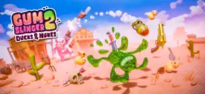 A green gummy gunslinger dodging a falling cactus and a duck on the key art