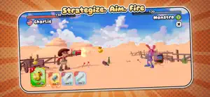 A desert duel with Charlie and Monstro trading shots — Strategize, Aim, Fire