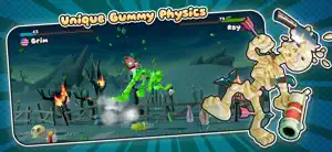 A jelly figure blown backward by a green blast — Unique Gummy Physics