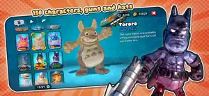 The character screen with a bat-eared gummy and gun cards — 150 characters, guns and hats