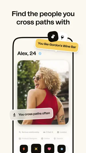 happn profile card for Alex, 24, with a "You cross paths often" tag and a shared Gordon's Wine Bar spot
