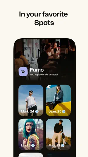Fumo Spot page noting 450 happn members like it, above a grid of four profiles