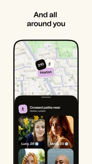 happn Map centred on Hoxton, London, with 210 crossings and a "Crossed paths near" profile list