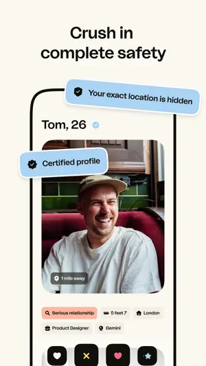 Certified profile badge on Tom, 26, with a note that his exact location is hidden and a 1-mile distance