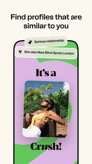 "It's a Crush!" match screen with Serious relationship and Blind Spots London tags