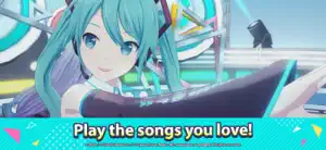 Hatsune Miku in a 3D music video close-up, leaning over a keyboard on a neon stage, above the caption Play the songs you love