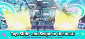 A show in progress: note bars fall toward the judgment line as PERFECT flashes and the combo counter reads 582, with Miku and band members dancing behind