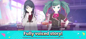 Story scene in a classroom: Ichika in a grey hoodie says M-Miku? to a Hatsune Miku with pink-streaked twin tails