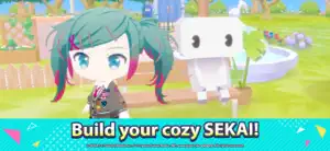 MYSEKAI yard: a chibi Miku with pink-tipped hair stands by a park bench beside a white blocky creature and a fountain