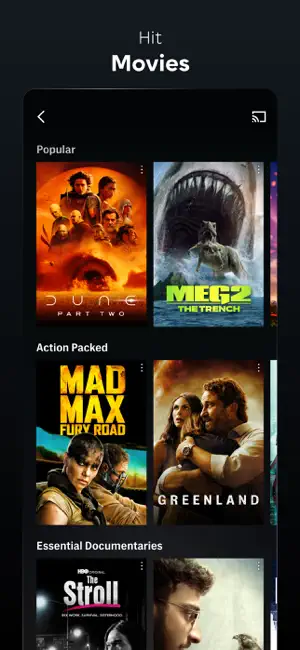 Film rows grouped as popular, action and documentaries
