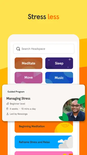 Search view with meditate, sleep, move and music categories
