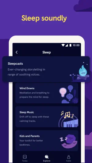 Sleep tab listing sleepcasts, wind downs and sleep music