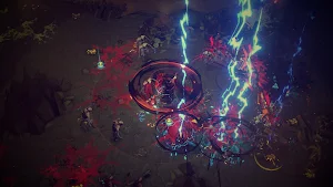 Pajeú in an isometric hell fight with lightning across a dark cavern