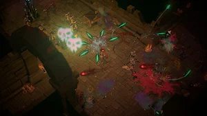A green burst of skill effects in a torch-lit ruin
