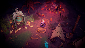 A campfire hub in the dark with a chapel and a hanging tree