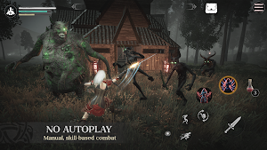 A hunter fighting a green-skinned ogre outside a wooden hut, captioned no autoplay, manual skill-based combat