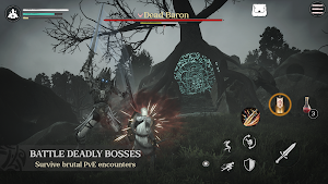 A boss fight against the Dusk Baron under a dead tree, captioned battle deadly bosses