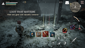 A hunter kneeling over glowing loot in a snowy clearing, captioned loot that matters