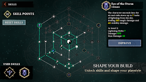 The hexagonal skill tree with Eye of the Storm selected, captioned shape your build