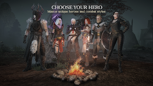 The hero roster around a campfire — a shaman, a warrior, a witch and others — captioned choose your hero