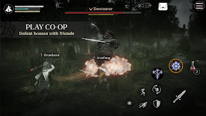 Two hunters fighting the Devourer with a blast of light, captioned play co-op