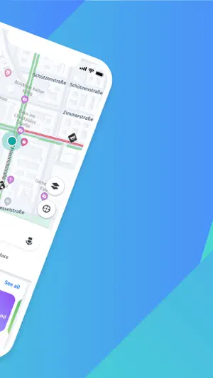 Second half of the panorama: a Berlin street map around Schützenstraße with green and red traffic lines, a map layers button and a recenter button