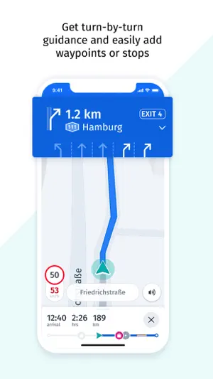 Turn-by-turn guidance showing 1.2 km to Exit 4 toward Hamburg on route 111, five lane arrows, a 50 speed limit with 53 current speed and a 12:40 arrival