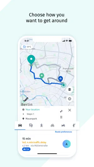 Berlin route planner with one stop to Mauerpark, tabs for car, transit, walking and bike, and a 15-minute drive including a 4-minute traffic delay