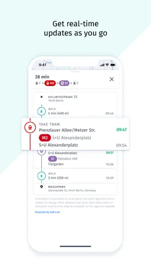 Public transport itinerary for a 28-minute Berlin trip with tram M2 to S+U Alexanderplatz, an S7 connection and short walking legs, powered by bahn.de
