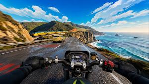 First-person view over the handlebars on a coastal highway with cliffs and a yellow car ahead