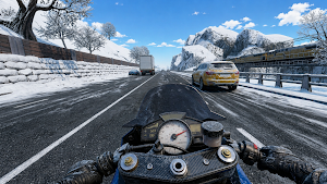 Riding a snow-covered highway past a truck and a yellow car with a chrome speedometer on the tank