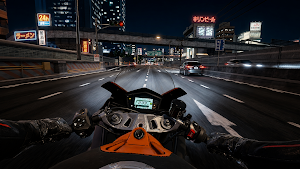 Night city highway under neon signs, gloved hands on a sportbike with a digital dash