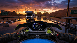 Sunset desert highway with a truck ahead and a 223 reading on the speedometer