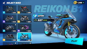 Select Bike screen with a grid of 12 motorcycles and the Reikon B1 sportbike selected