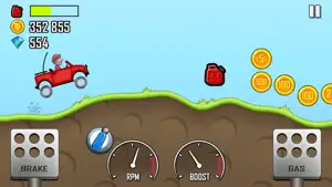 Red car climbing a grassy hill with fuel cans ahead