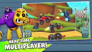 Bill Newton beside a hillside race of monster trucks and buggies, captioned real-time multiplayer