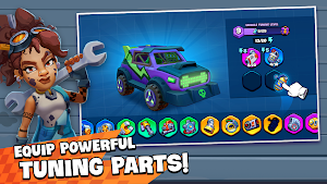 A driver with a wrench beside a green off-roader and a tuning-parts panel, captioned equip powerful tuning parts