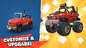 A red buggy upgrading into a big-wheeled monster truck, captioned customise and upgrade