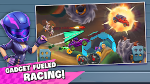 A purple-helmeted driver beside a race with explosions and gadget effects, captioned gadget fuelled racing