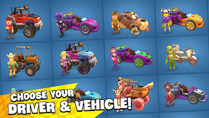 A grid of drivers and vehicles to choose from, captioned choose your driver and vehicle