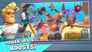 A blond driver beside a race with a boost burst and a whoosh effect, captioned power-ups and boosts