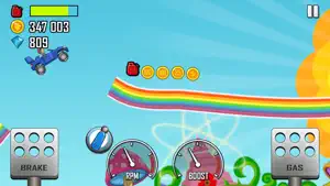 Small car on a rainbow road with clouds around it
