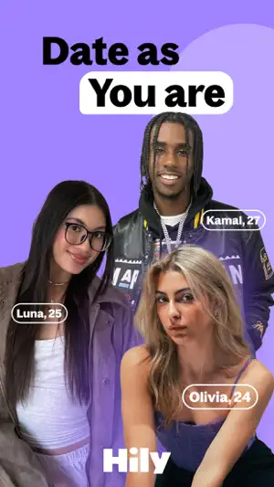 Hily promo frame reading Date as You are, with three members labelled by first name and age