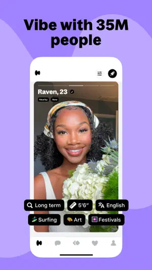 Hily Finder card for a 23-year-old with tags for long-term dating, height, English, surfing, art and festivals