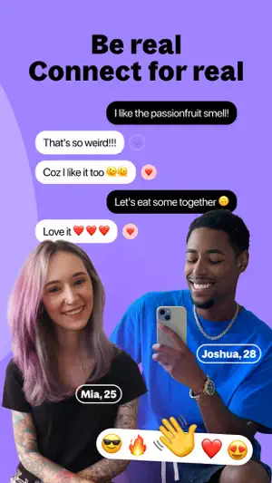 Chat bubbles about sharing a meal above two members' photos and a row of emoji reactions