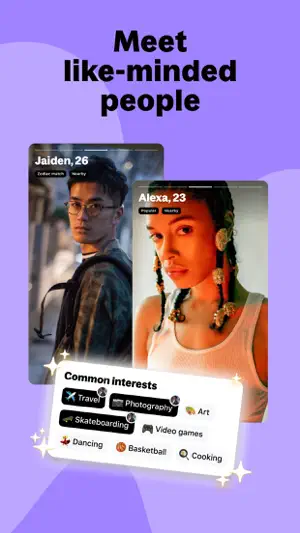 Two profile cards with a Common interests panel listing travel, photography, art and video games
