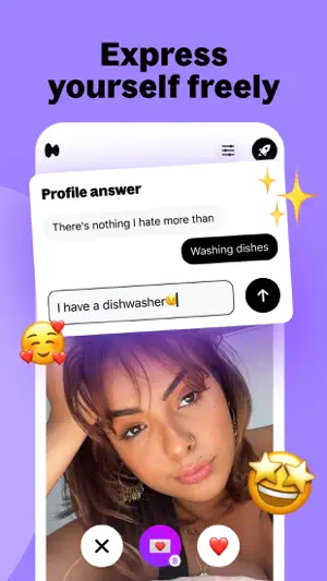 Reply box for a profile answer about chores above a photo with pass, message and like buttons