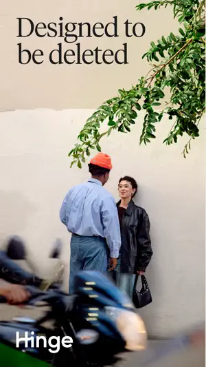 Hinge launch screen with the line "Designed to be deleted" above two people talking by a white wall