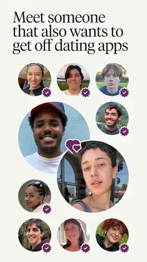 Grid of round profile photos with purple check-mark badges under the line "Meet someone that also wants to get off dating apps"