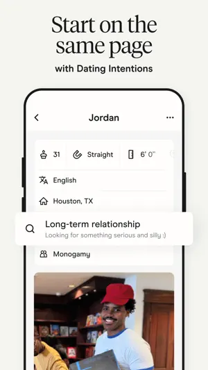 Profile card for Jordan showing age 31, Houston, TX and a Long-term relationship dating intention